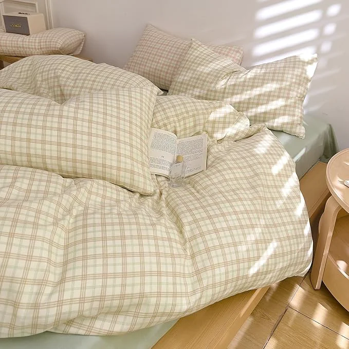 Solid Plaid Queen Size Duvet Cover Brown Cotton Comforters Queen Size Cover Double Gauze Soft Boho Cute Duvet Cover Set with Hidden Zipper Chic Cottage Core Bedding Set Vintage Duvet Protector Healthy