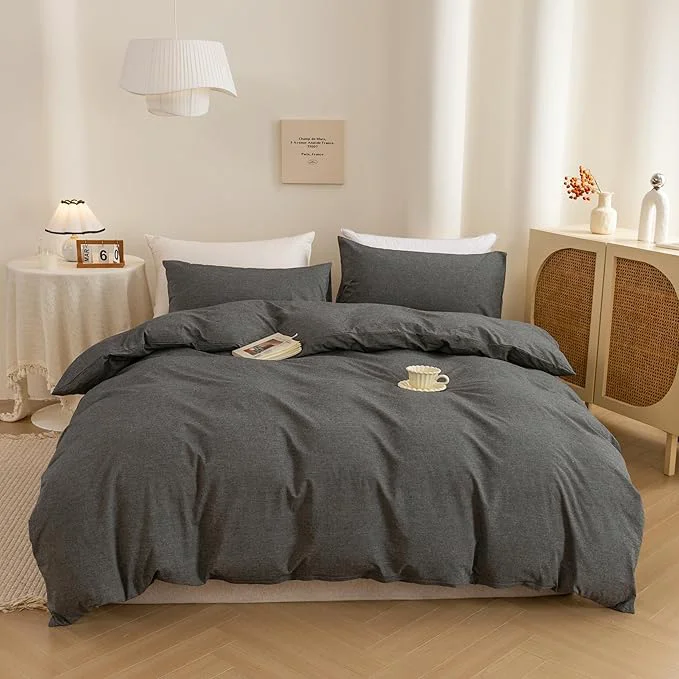 Certified ECOCOTT Washed Cotton Duvet Cover Super Queen Size – Soft amp Breathable Linen Feel Bedding Set 3 Pieces Grey Comforter Cover with Zipper Closure for All Seasons Authentic
