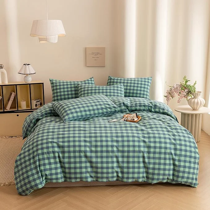 High-End ECOCOTT Grid Plaid Duvet Cover King Size – Washed Cotton Linen Like Textured Breathable Durable Soft Comfy Bedding Set Mini Green Blue Plaid Environmentally Friendly