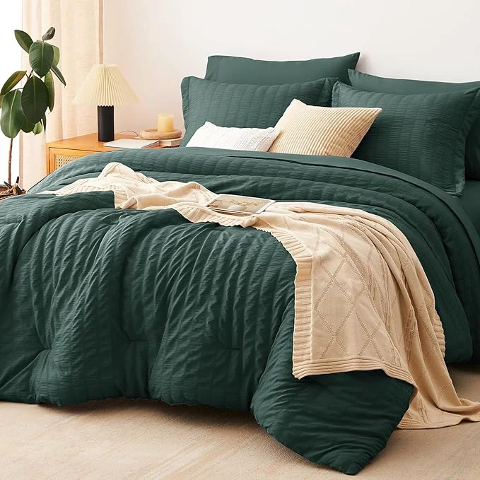 Reliable CozyLux Oversized Queen Comforter Set Forest Green Seersucker 7 Pieces 98×98 Bed in a Bag Comforter Set with Sheets Luxury Bedding Sets with Down Comforter Sheets Pillowcases amp Shams Soft