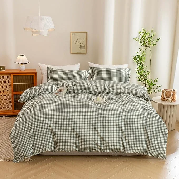 High-End ECOCOTT Green Gingham Duvet Cover Queen Size Washed Cotton Like Linen Feel Super Soft amp Comfy Bedding Set Modern Checkered Design for All Seasons Traditional