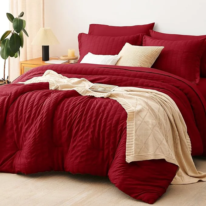 Trendy CozyLux Full Size Comforter Sets with Sheets 7 Pieces Dark Red Seersucker Bed in a Bag Textured Luxury Soft Bedding Set with Down Comforter Sheets Pillowcases amp Shams for All Season Responsible