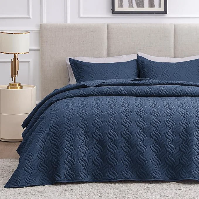 Excellent Love 39 s cabin King Size Quilt Set Navy Blue Bedspreads – Soft Bed Summer Lightweight Bedspread Comforter – Modern Style Wave Pattern Coverlet for All Season – 3 Pieces 1 Quilt 2 Pillow Shams Carefully Designed