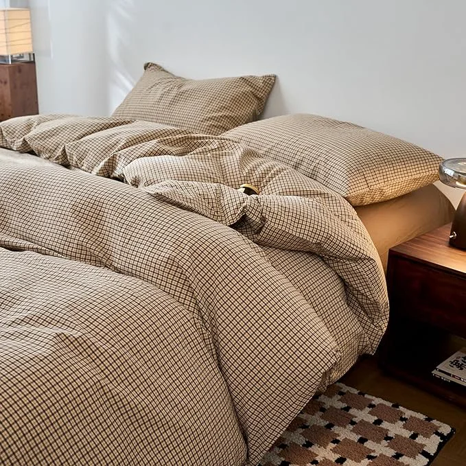 Exceptional Gingham Duvet Queen Size Cover Beige Boho Queen Comforter Cover Set Washed Cotton Plaid Checkered Farmhouse Duvet Cover Set with Hidden Zipper Neutral Teen Bedding Set Soft Duvet Protector Classic