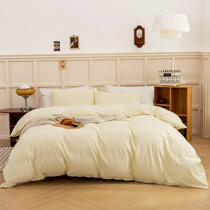 Fine ECOCOTT Duvet Cover Set Washed Cotton Linen-Like Soft amp Breathable Durable Comfy Bedding Set for All Seasons Light Yellow Queen Versatile