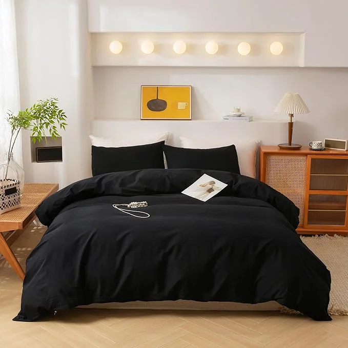 Outstanding ECOCOTT 3 Pieces Duvet Cover King Size Washed Cotton 1 Duvet Cover with Zipper and 2 Pillowcases Ultra Soft and Easy Care Breathable Cozy Simple Style Bedding Set Black King Practical