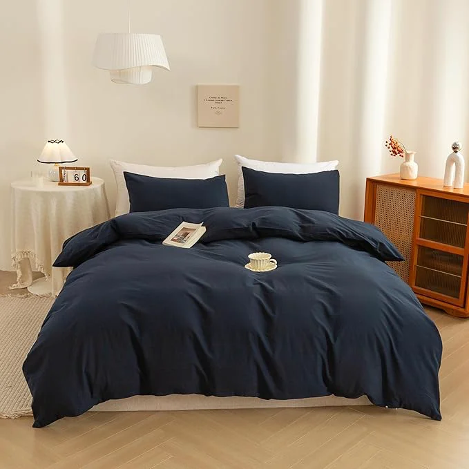 Premium ECOCOTT Navy Blue Duvet Cover California King Size – Washed Cotton Durable Soft Comfy Bedding Set 3 Pieces Duvet Cover with Zipper Closure Navy Blue 104 39 39 x98 39 39 High-Grade