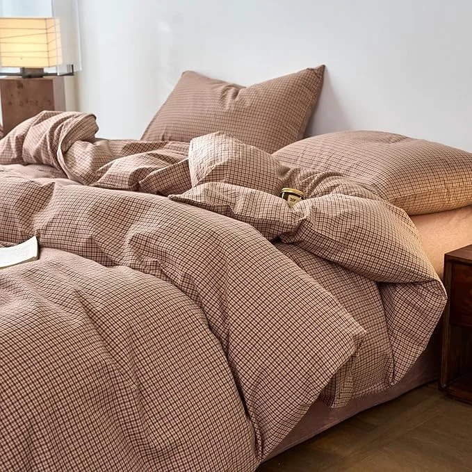 Selected Gingham King Duvet Covers Blush Pink Washed Cotton Comforter Cover King Size Plaid Checkered Pattern Boho Duvet Cover Set with Hidden Zipper Cozy Vintage Bedding Set for Girls Duvet Protector Artisan