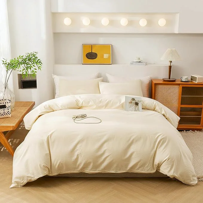 High-Grade ECOCOTT Duvet Cover King Size – 3 Piece Washed Cotton Bedding Set Soft amp Breathable with Zipper Closure 8 Corner Ties – Comfortable and Stylish for All Seasons Cream Convenient