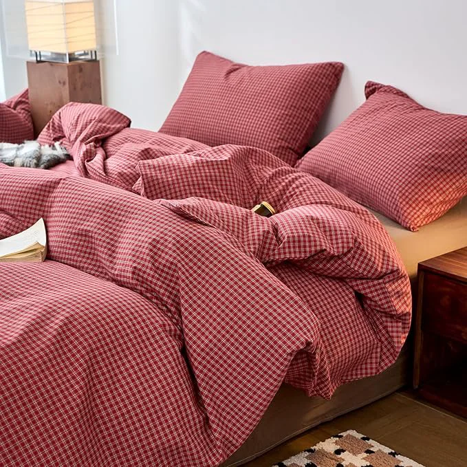 User-Friendly Gingham Duvet Cover Queen Size Red Washed Cotton Comforter Cover Queen Size Plaid Checkered Boho Zipper Duvet Cover Set with 2 Pillow Cases Farmhouse Girls Bedding Set Pattern Duvet Protector Smooth