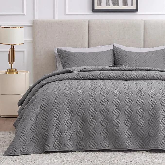 Advanced Love 39 s cabin King Size Quilt Bedding Set Grey Bedspreads – Bed Summer Lightweight Bedspread Comforter – Wave Pattern Bedding Coverlet for All Season – 3 Pieces 1 Quilt 2 Pillow Shams First-Class