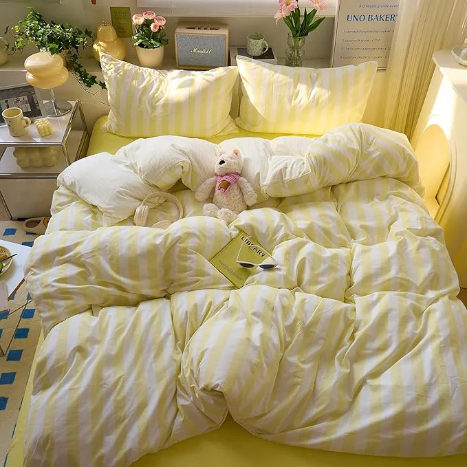 Contemporary Yellow Striped Duvet Cover King Size Cute Soft King Comforter Cover Boho Chic Washed Microfiber Farmhouse Duvet Cover Set with Corner Ties College Dorm Bedding Set for Girls Duvet Protector Premium