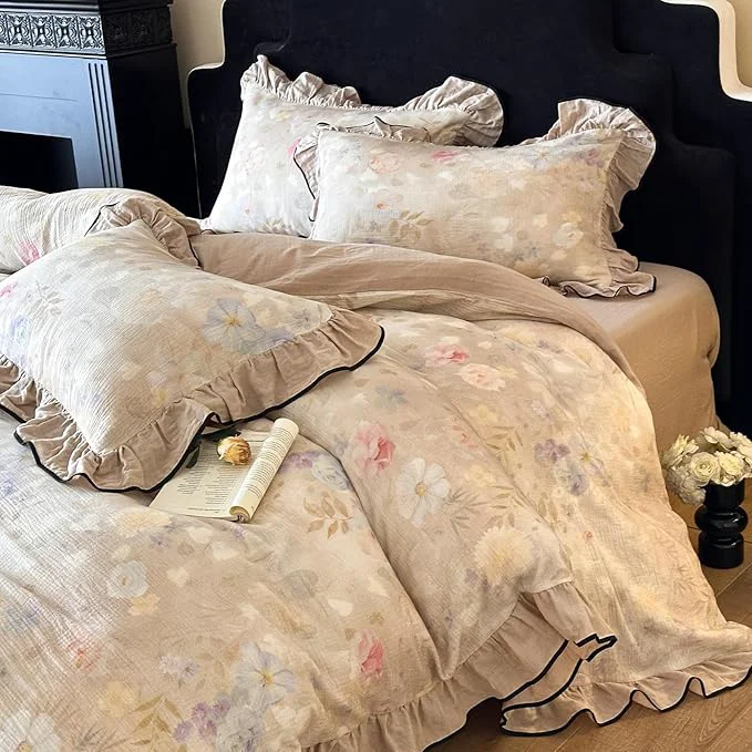 Reusable VM VOUGEMARKET Ruffle Duvet Cover Queen Muslin Cotton Vintage Flower Duvet Cover Soft Breathable Linen Like Gauze Bedding Set for Girls-Ivory Classic