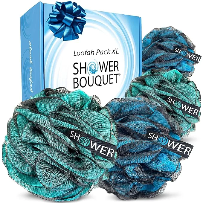 Practical SHOWER BOUQUET Loofah-Charcoal Bath-Sponge XL-4-Pack-Blue-Green Extra Large Verified