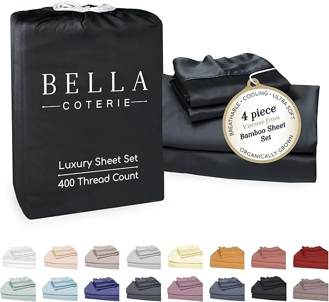 Professional Bella Coterie Luxury Bamboo Viscose Queen Size Sheet Set Organically Grown Ultra Soft Cooling for Hot Sleepers 18 quot Deep Pocket Black Unique