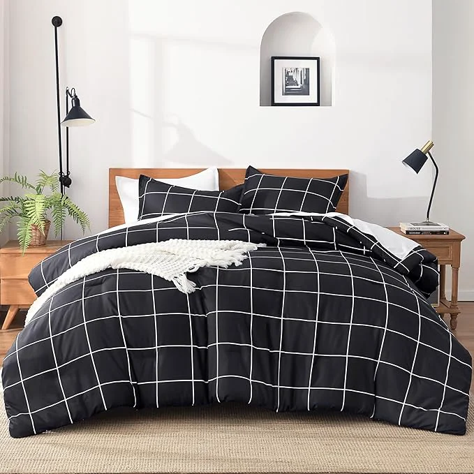 Trendy Andency Black Grid Comforter Set Queen 90x90Inch 3 Pieces 1 Plaid Comforter and 2 Pillowcases Black Plaid Comforter Set Lightweight Polyester Gingham Geometric Comforter Bedding Set Convenient
