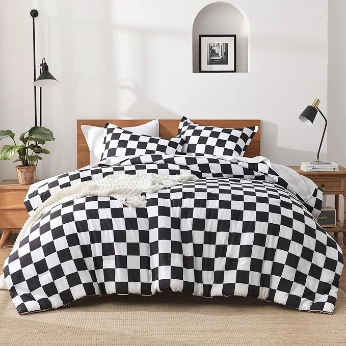 Reusable Andency Checkered Comforter Twin 66x90Inch Black White Plaid Gingham Buffalo Grid Bedding Comforter Sets for Boys Kids Teens 2 Pieces Lightweight Polyester Geometric Preppy Bed Set Premium Material