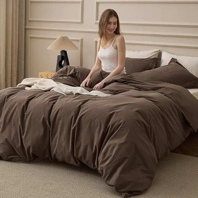 Stylish Bedsure Washed Cotton Duvet Cover Full Size – Brown Minimalist Bedding Set Linen Like – PureWoven Plain Simple amp Soft Comforter Cover for All Seasons Brown Full 80 quot x90 quot Smart