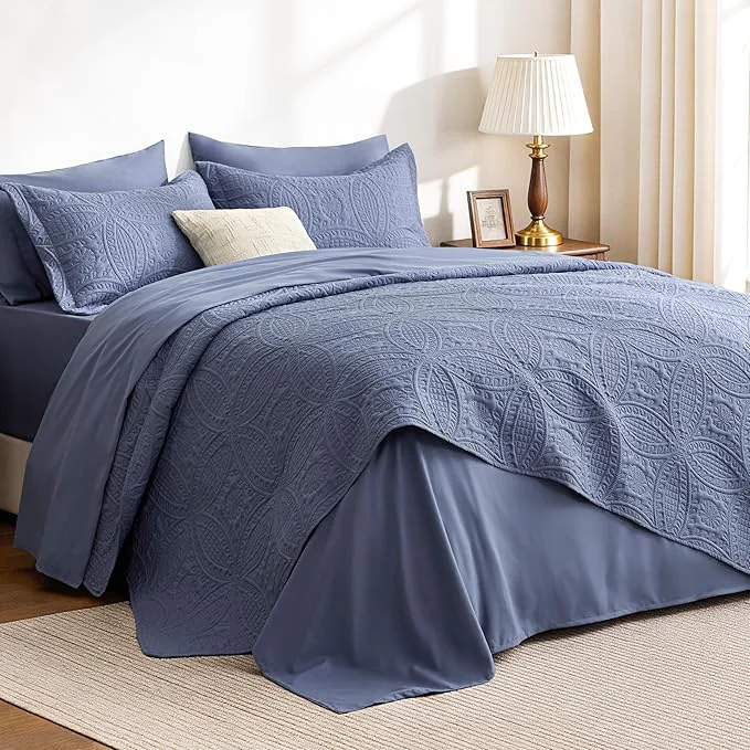 Consistent Love 39 s cabin Queen Quilt Set Bluish Grey Bed in a Bag Queen Bedding 7 Pcs Ultrasonic Embossed Coin Pattern Comforter Lightweight Bedspreads for All Seasons Quilt with Sheets Pillowcases amp Shams Reliable