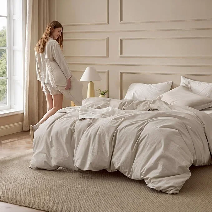 Elite Bedsure Washed Cotton Duvet Cover Oversized Queen – Linen Color Minimalist Bedding Set Linen Like – PureWoven Plain Simple amp Soft Comforter Cover for All Seasons Oversized Queen 98 quot x98 quot High-Performance