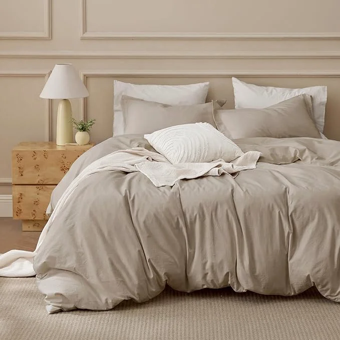 Verified Bedsure Washed Cotton Duvet Cover Oversized King – Frosted Almond Minimalist Bedding Set Linen Like – PureWoven Plain Simple amp Soft Duvet Cover 3-Piece Frosted Almond Oversized King 120 quot x98 quot Detailed