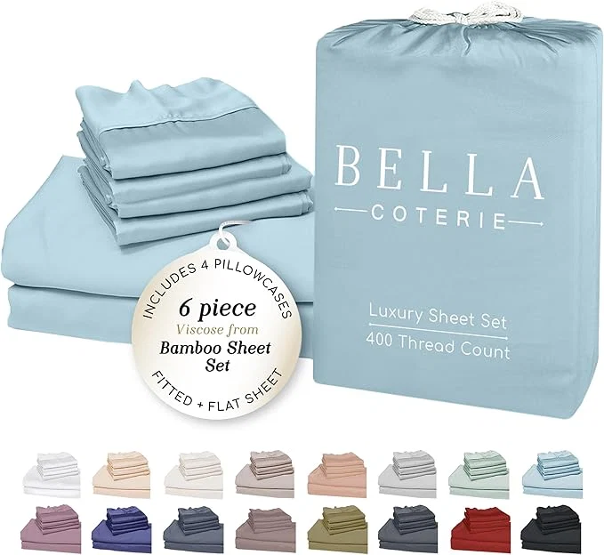 User-Friendly Bella Coterie 6 Piece Luxury Bamboo Viscose Queen Size Sheet Set Organically Grown Cooling for Hot Sleepers 18 quot Deep Pocket Soft amp Hypoallergenic 4 Pillowcases Coastal Blue Functional