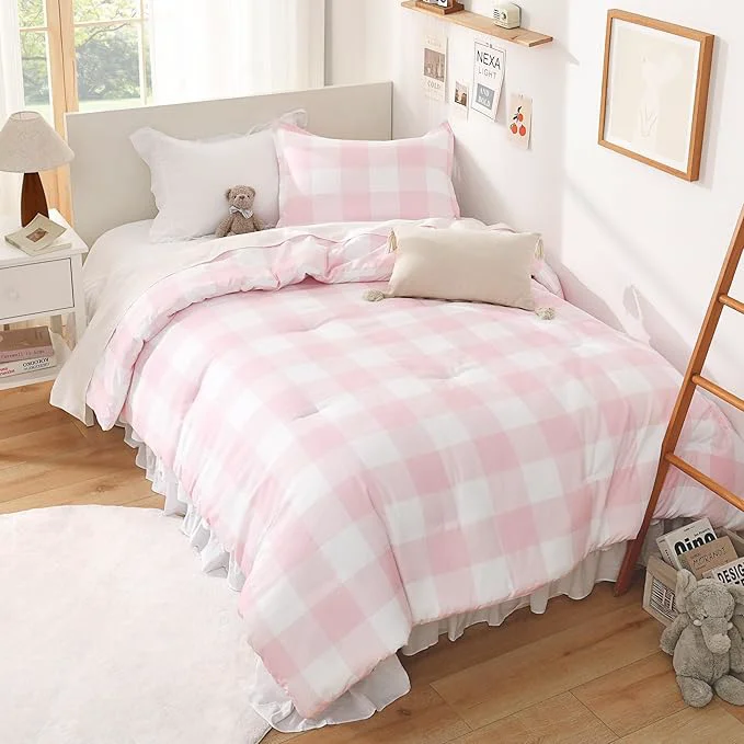Practical Andency Pink Checkered Comforter Full 79x90Inch Plaid Gingham Buffalo Plaid Grid Bedding Sets for Girls Kids Women Kids Teens 3 Pieces Lightweight Polyester Geometric Preppy Bed Set Fast