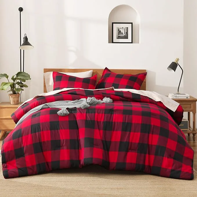 Classic Andency Red and Black Plaid Comforter Set King 104x90Inch 3 Pieces Buffalo Plaid Checkered Gingham Bedding Comforter Sets Soft Burgundy Lightweight Geometric Down Bed Set Prestigious