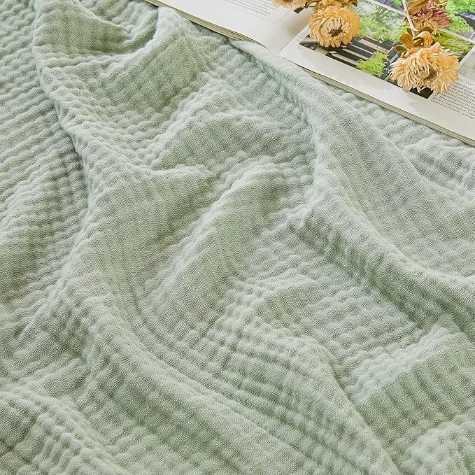 Casual EMME Cotton Muslin Queen Blanket Bed Layering Bedspread Coverlet Breathable Gauze Soft Lightweight Blankets Adults Heather Sage Green 90 quot x90 quot Premium Material