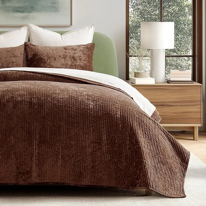 Specialty EVERGRACE Velvet Quilt Set Queen Size Luxurious Soft Quilted Bedding Sets Lightweight Velvet Comforter for All Season Striped Channel Bedspread Coverlet with 2 Shams Rust Brown Environmentally Friendly
