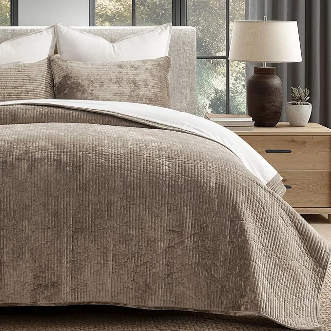 Functional EVERGRACE Velvet Quilt Set Queen Size Luxurious Soft Quilted Bedding Sets Lightweight Velvet Comforter for All Season Striped Channel Bedspread Coverlet with 2 Shams Natural Tan