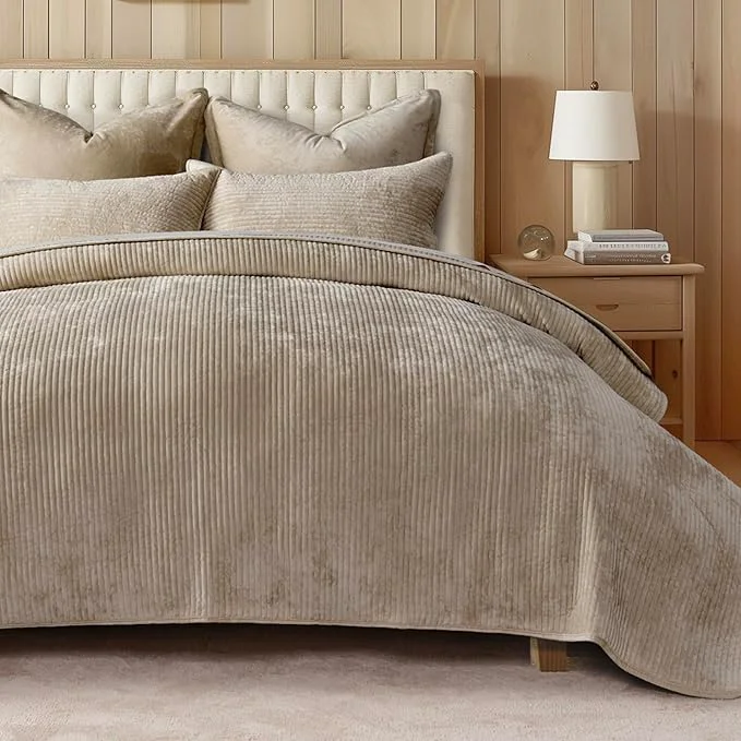 Secure EVERGRACE Velvet Quilt Set King Size Luxurious Soft Quilted Bedding Sets Lightweight Velvet Comforter for All Season Striped Channel Bedspread Coverlet with 2 Shams Urban Taupe Casual