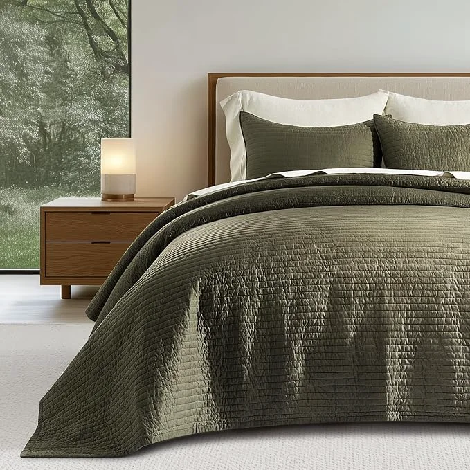 Natural EVERGRACEHOME Cotton Sateen Quilt Set King Size Pre-Washed Cotton Channel Stitch Coverlet Bedspread 3 Pieces Lightweight Soft Bedding Sets for All Season with 2 Pillow Shams Olive Green Luxury