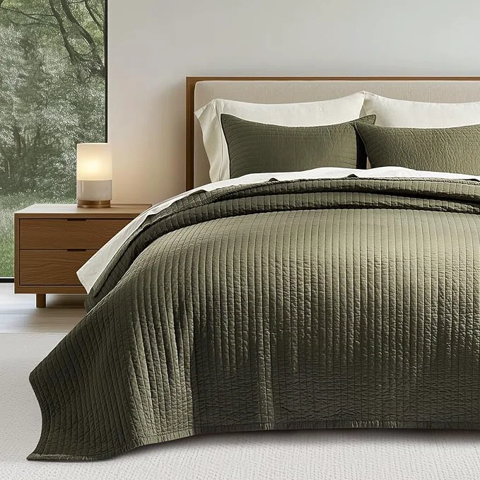 Genuine EVERGRACEHOME Cotton Sateen Quilt Set Queen Size Pre-Washed Cotton Channel Stitch Coverlet Bedspread 3 Pieces Lightweight Soft Bedding Sets for All Season with 2 Pillow Shams Olive Green Traditional