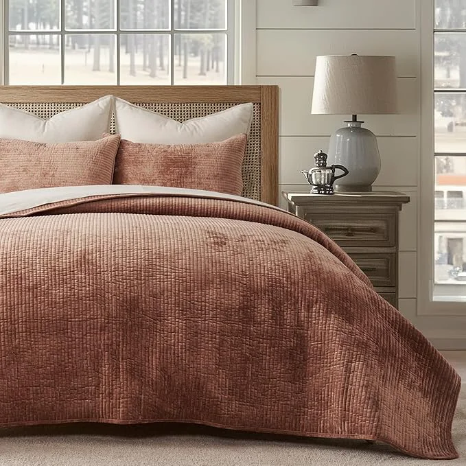 Superior EVERGRACE Velvet Quilt Set Queen Size Luxurious Soft Quilted Bedding Sets Lightweight Velvet Comforter for All Season Striped Channel Bedspread Coverlet with 2 Shams Terracotta Clay Classic