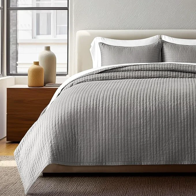 Trendy EVERGRACEHOME Cotton Sateen Quilt Set Queen Size Pre-Washed Cotton Channel Stitch Coverlet Bedspread 3 Pieces Lightweight Soft Bedding Sets for All Season with 2 Pillow Shams Fog Gray Pure