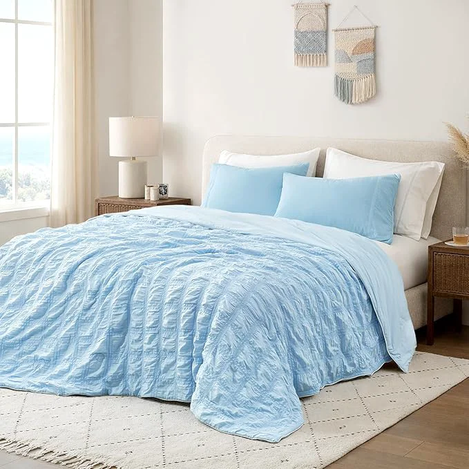 Artisan Cozy Bliss Cooling Comforter Seersucker Plaid Queen Size Q-Max 0.45 Lightweight Cooling Blanket Breathable Silk Smooth Summer Bedding Quilt for Hot Sleepers Night Sweats Blue High-Performance