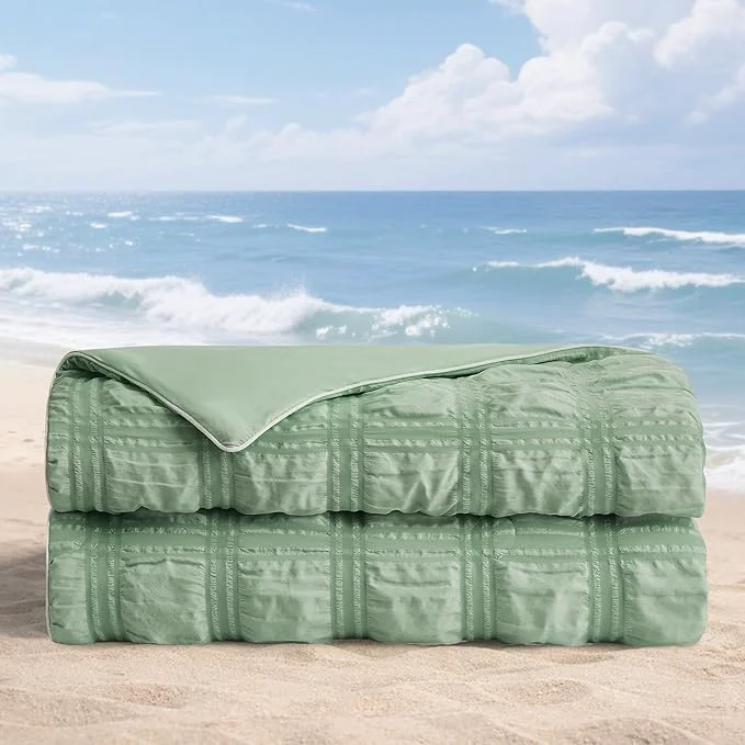 Practical Cozy Bliss Cooling Comforter Seersucker Plaid Twin XL Size Q-Max 0.45 Lightweight Cooling Blanket Breathable Silk Smooth Summer Bedding Quilt for Hot Sleepers Night Sweats Sage Green Convenient