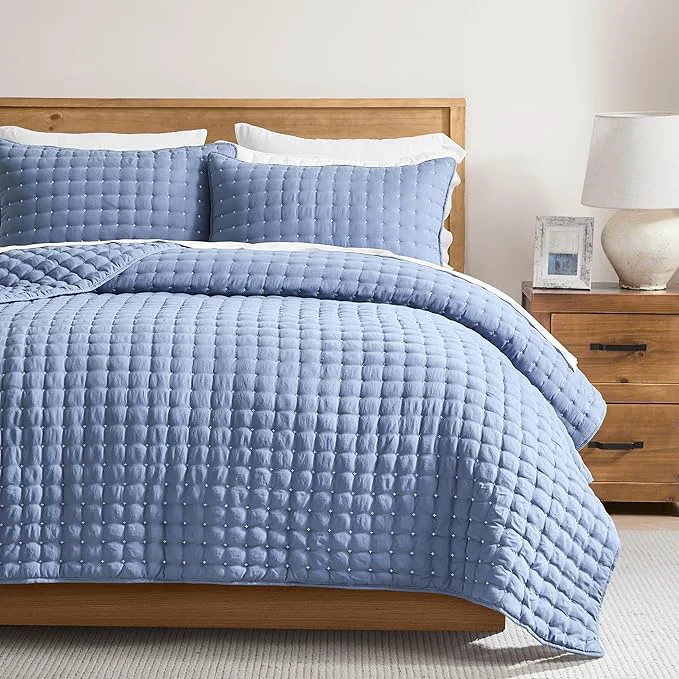 WDCOZY Blue Queen Size Quilt Bedding Sets with Pillow Shams Lightweight Soft Bedspread Coverlet Quilted Blanket Thin Comforter Bed Cover All Season Summer Spring 3 Pieces 90×90 inches Fine Crafted