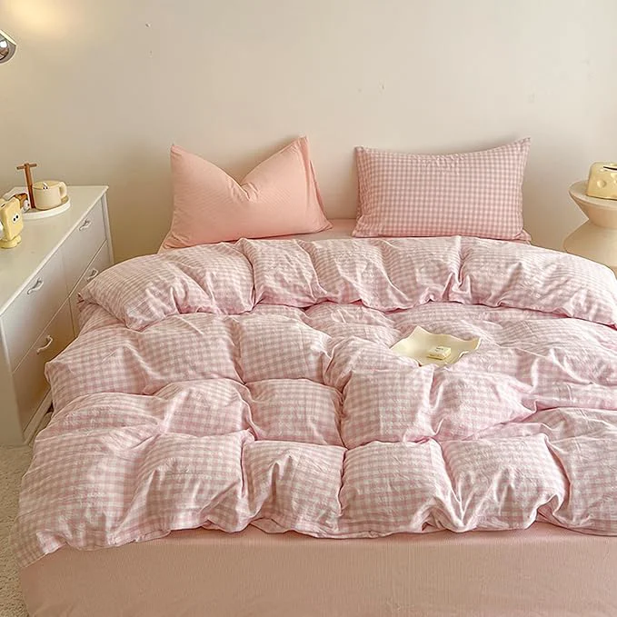 Smooth BOLINLIVING Gingham Twin Comforter Set Kids Soft Breathable Bed in a Bag Twin Size 2 Pieces Pink White Checkered Plaid Bedding Set for All Season 1 Comforter amp 1 Pillowcase Natural