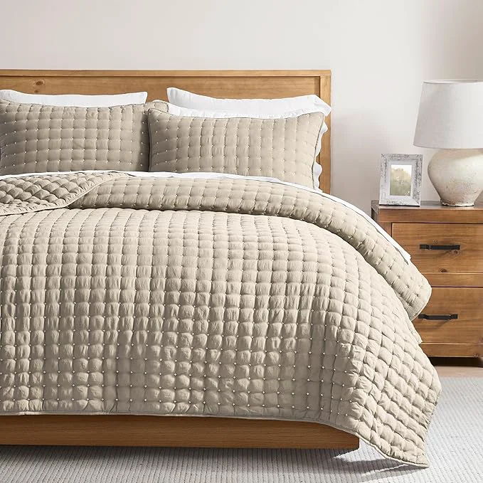 Flexible WDCOZY Beige California Cal King Size Quilt Bedding Sets with Pillow Shams Cream Tan Oversized Lightweight Bedspread Coverlet Quilted Blanket Thin Comforter Bed Cover 3 Pieces 118×106 inches Relaxed