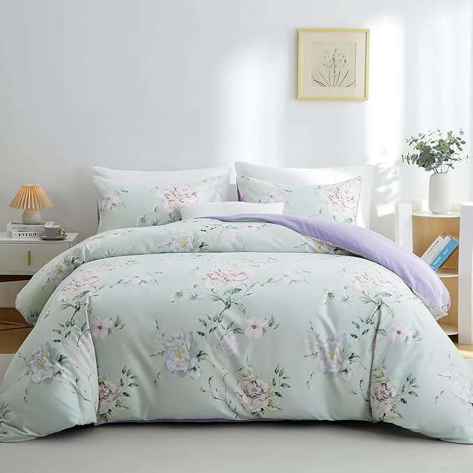 Clean BOLINLIVING Floral Full Comforter Set Soft Breathable Bed in a Bag King Size 3 Pieces Green and Purple Floral Bedding Set for All Season 1 Comforter amp 2 Pillowcases
