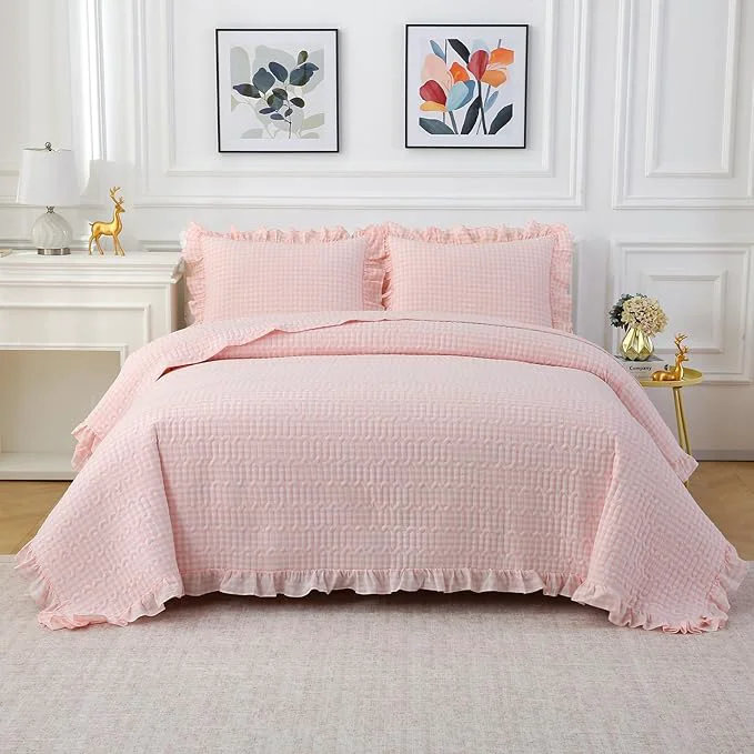 Pure Blush White Ruffle Gingham Quilt Set Queen Size with 2 Pillow Shams Washed Cotton Yarn-Dyed Quited Bedspread Farmhouse Bedding Set Blush Queen washed cotton gingham quilts ruffles Lightweight