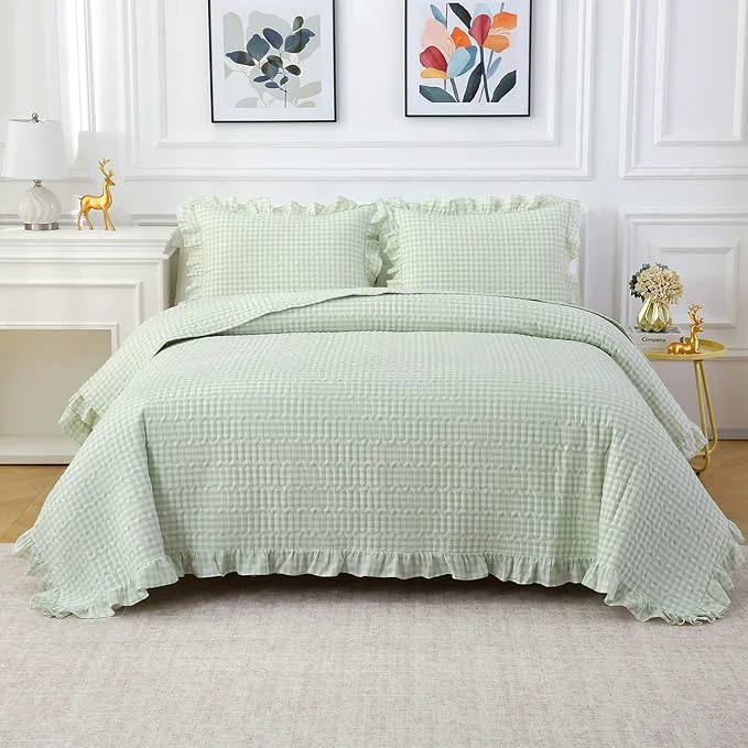 Exclusive Pile Green White Ruffle Gingham Quilt Set Queen Size with Pillow Shams Washed Cotton Yarn-Dyed Quilted Bedspread Bedding Set Pile Green Queen Fashionable