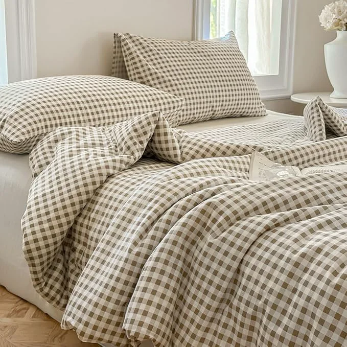 Practical NSNLGSGC Tan Gingham Cotton Comforter Set King Washed Cotton Taupe Plaid Checked Comforter Bedding 3 Pieces Vintage Farmhouse Grid Bedding Set Tan Gingham King Responsible