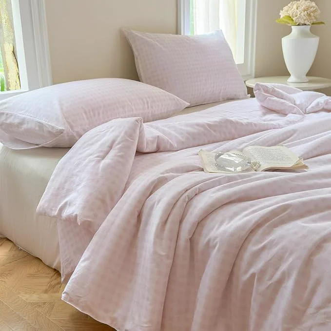 Professional NSNLGSGC Pink Gingham Cotton Comforter Set King Washed Cotton Red Plaid Checked Comforter Bedding 3 Pieces Vintage Farmhouse Grid Bedding Set Pink Gingham King Flexible