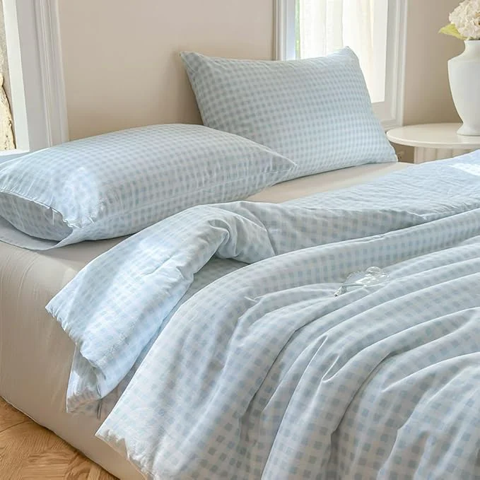 Sustainable NSNLGSGC Light Blue Gingham Cotton Comforter Set Twin Washed Cotton Blue Plaid Checked Comforter Bedding 2 Pieces Vintage Farmhouse Grid Bedding Set Light Blue Gingham Twin Traditional