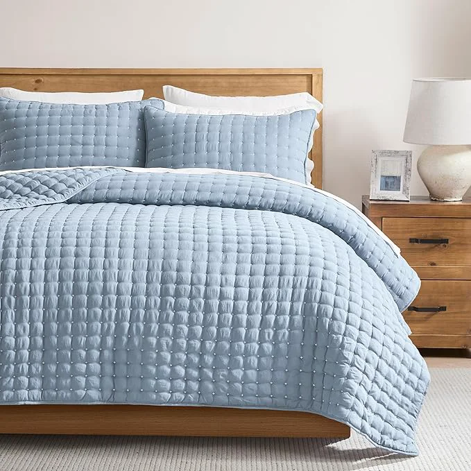 Smart WDCOZY California Oversized Cal King Size Quilt Bedding Sets with 2 Pillow Shams Lightweight Soft Bedspread Coverlet Bed Cover for All Season 3 Pieces 116×106 inches Blue Expertly Made