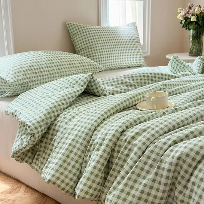 Environmentally Friendly NSNLGSGC Sage Green Gingham Cotton Comforter Set Queen Washed Cotton Green Plaid Checked Comforter Bedding 3 Pieces Vintage Farmhouse Grid Bedding Set Sage Green Gingham Queen Crafted