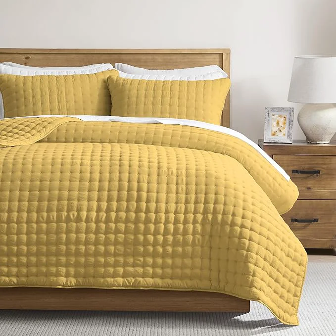 Recyclable WDCOZY Queen Size Quilts Bedding Sets with 2 Pillow Shams Lightweight Soft Bedspread Coverlet Quilted Blanket Thin Comforter Bed Cover for All Season 3 Pieces 90×90 inches Yellow Detailed